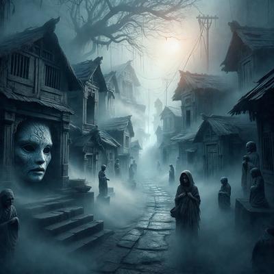 The primary subject of the image is a person, likely a woman, walking down a foggy street. The setting is a village with a mix of old and new buildings, creating a unique atmosphere. The visual style is a combination of photo and digital art, giving the image a surreal and mysterious feel. The dominant colors are shades of gray, blue, and white, which contribute to the overall mood of the scene.